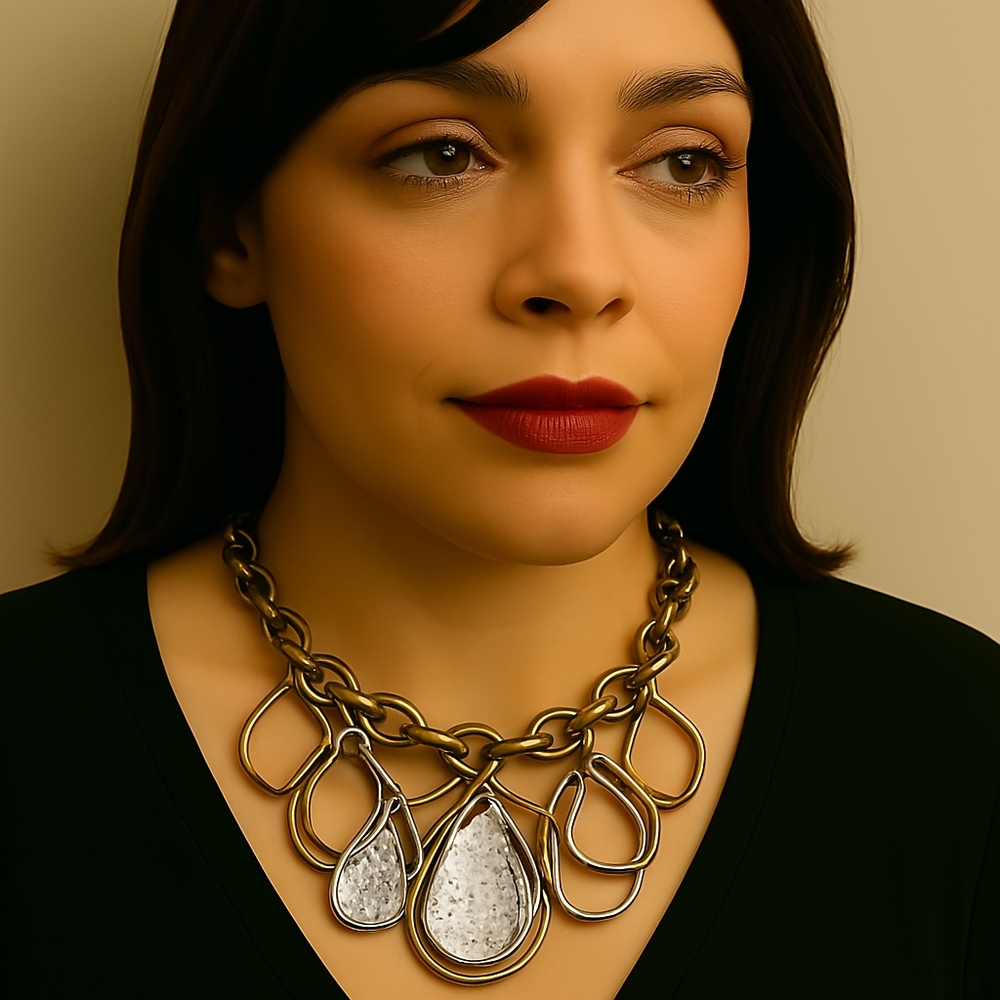 Chic Women’s Dual-Tone Hammered Necklace, Textured Water Drop Disc & Hoop Design